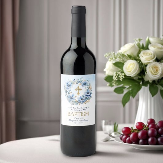 Boy Baptism Gold & Blue Waterverf Bloemen Wijn Etiket