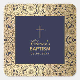 Boy Baptism  Goud Rozen Navy Blue Elegant Vierkante Sticker