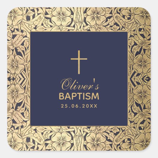 Boy Baptism  Goud Rozen Navy Blue Elegant Vierkante Sticker (Voorkant)