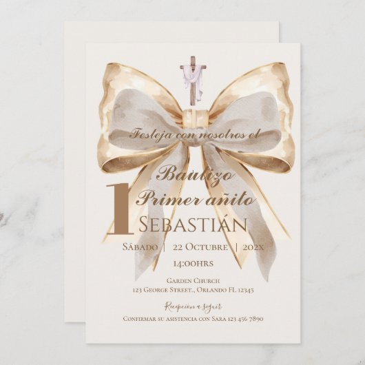 Boy Baptism Invitation in Spanish Boho Kaart (Voorkant / Achterkant)