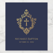 Boy Baptism Navy Blue  Crest Faux Gold Foil Wijn Etiket (Enkel label)