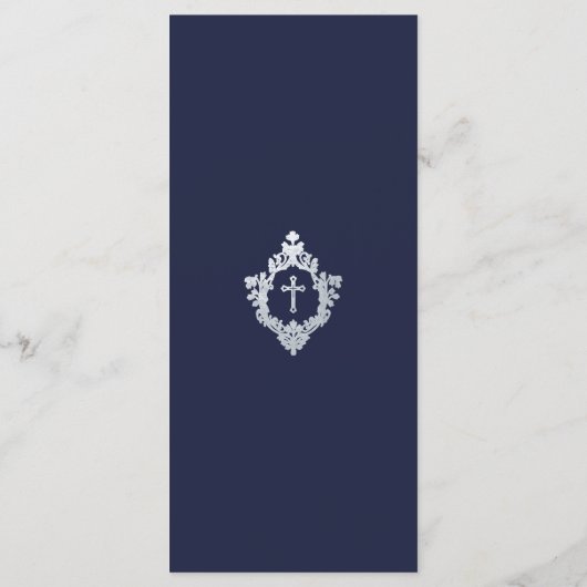 Boy Baptism Navy Blue Cross Crest  Elegant Menu (Achterkant)