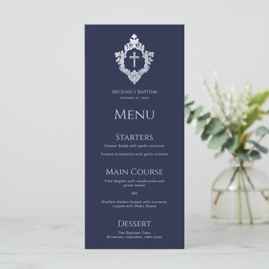 Boy Baptism Navy Blue Cross Crest  Elegant Menu (Staand voorkant)