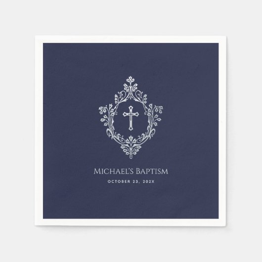 Boy Baptism Navy Blue Cross Crest  Elegant Servet (Voorkant)