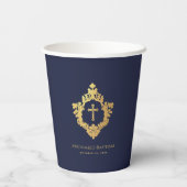 Boy Baptism Navy Blue Faux Gold Foil Crest  Papieren Bekers (Achterkant)