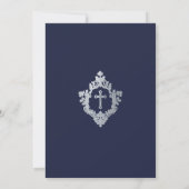 Boy Baptism Navy Blue Faux Silver  Crest Kaart (Achterkant)