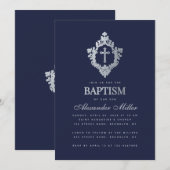 Boy Baptism Navy Blue Faux Silver  Crest Kaart (Voorkant / Achterkant)