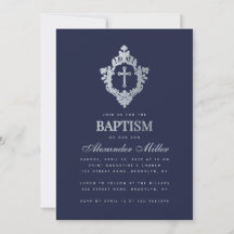 Boy Baptism Navy Blue Faux Silver  Crest