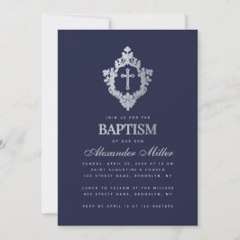Boy Baptism Navy Blue Faux Silver  Crest Kaart