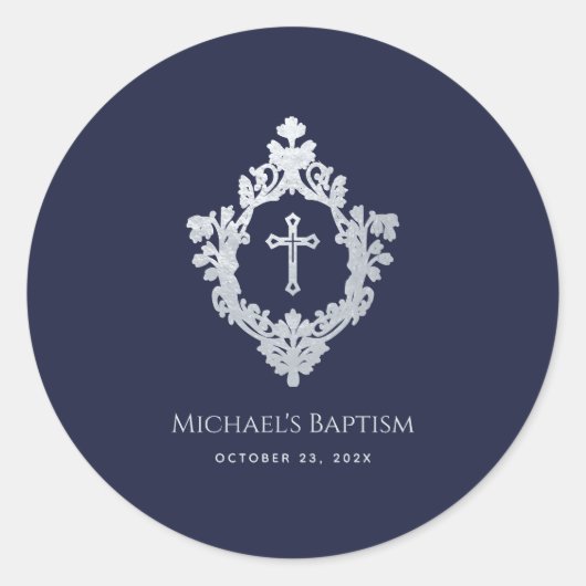 Boy Baptism Navy Blue Faux Silver Crest Ronde Sticker (Voorkant)