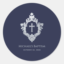 Boy Baptism Navy Blue Faux Silver Crest 