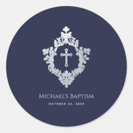 Boy Baptism Navy Blue Faux Silver Crest  Ronde Sticker