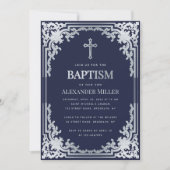 Boy Baptism Navy Blue Faux Silver  Elegant Kaart (Voorkant)