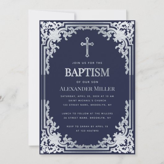 Boy Baptism Navy Blue Faux Silver  Elegant Kaart (Voorkant)