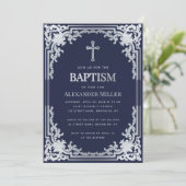 Boy Baptism Navy Blue Faux Silver  Elegant Kaart (Staand voorkant)