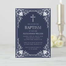 Boy Baptism Navy Blue Faux Silver  Elegant