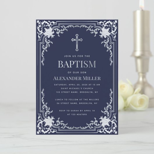Boy Baptism Navy Blue Faux Silver  Elegant Kaart