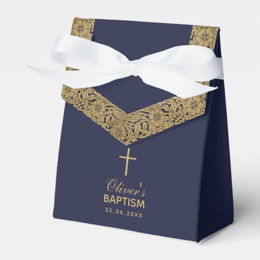 Boy Baptism Navy Blue  gouden Rozen Elegant Bedankdoosjes (Voorkant Zijde)