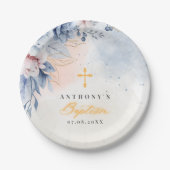 Boy baptism religious modern blue floral watercolr papieren bordje (Voorkant)