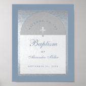 Boy Baptism Silver Arch Dusty Blue Welcome Sign Poster (Voorkant)