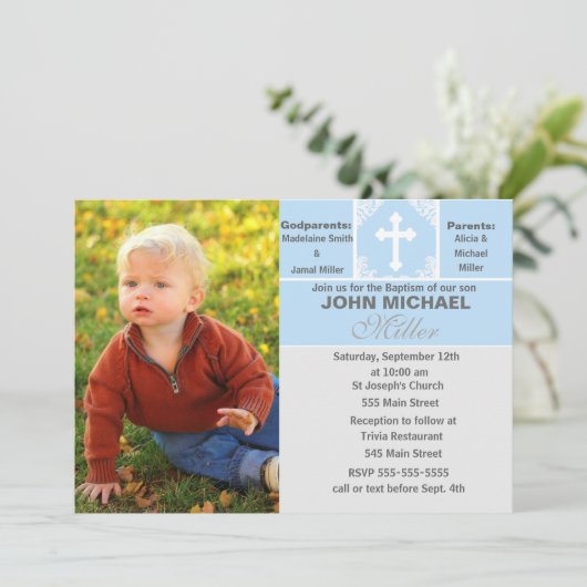 Boy Baptism Uitnodiging Blauwe Fotokaart (Staand voorkant)