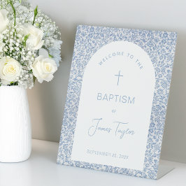Boy Baptism Welcome Blue White Arch Floral Pattern Reclamebord Met Voetstuk