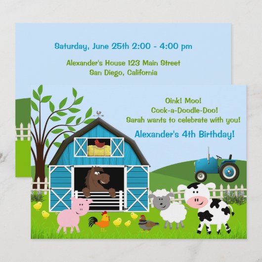 Boy Barnyard Boerderij Dieren Verjaardag Uitnodigi Kaart (Voorkant / Achterkant)