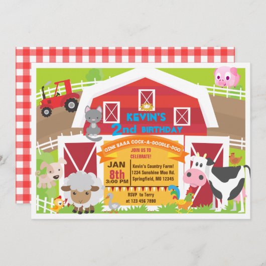 Boy barnyard uitnodiging - Boerderij Verjaardagsui (Voorkant / Achterkant)
