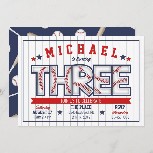 Boy Baseball 3rd Birthday Uitnodiging (Voorkant / Achterkant)
