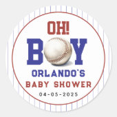 Boy Baseball Baby Shower | Cute Sports Party Ronde Sticker (Voorkant)