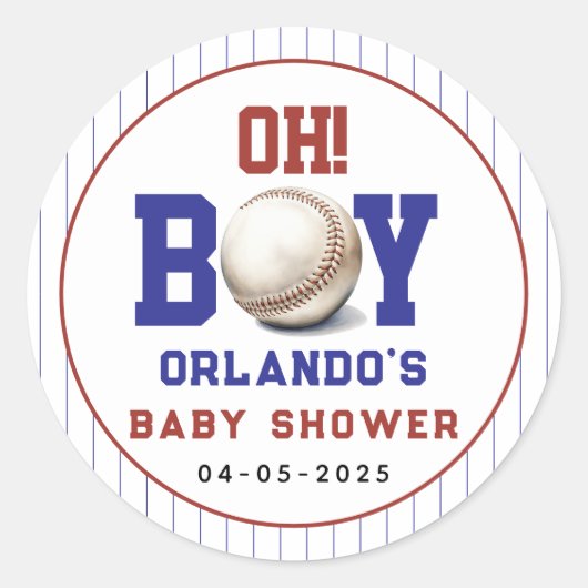 Boy Baseball Baby Shower | Cute Sports Party Ronde Sticker (Voorkant)