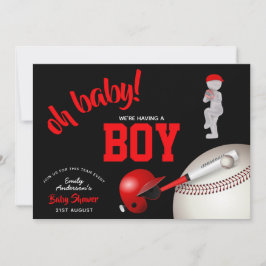 BOY Baseball Baby shower Rood Zwart Uitnodigingen