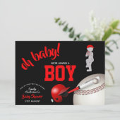 BOY Baseball Baby shower Rood Zwart Uitnodigingen (Staand voorkant)