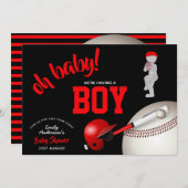 BOY Baseball Baby shower Rood Zwart Uitnodigingen (Voorkant / Achterkant)