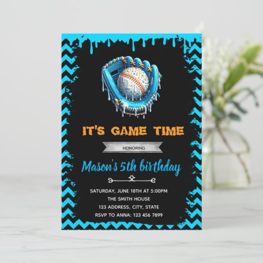 Boy Baseball Ice Cream Drip Verjaardag Uitnodiging (Staand voorkant)