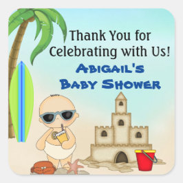 Boy Beach Baby Sandcastle Baby shower Dank je wel Vierkante Sticker
