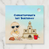 Boy Beach Baby Sandcastle n Surfboard 1e Verjaarda Bedankjes Labels (Achterkant)