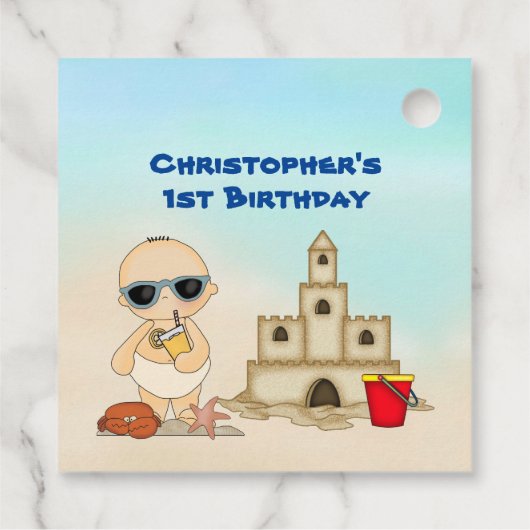 Boy Beach Baby Sandcastle n Surfboard 1e Verjaarda Bedankjes Labels (Achterkant)