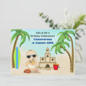 Boy Beach Baby Sandcastle n Surfboard 1e Verjaarda Kaart (Staand voorkant)