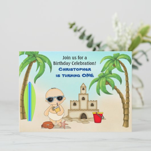 Boy Beach Baby Sandcastle n Surfboard 1e Verjaarda Kaart (Staand voorkant)