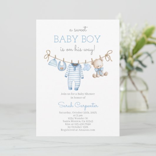 Boy Bear Clothesline Baby Shower invitation Kaart (Staand voorkant)