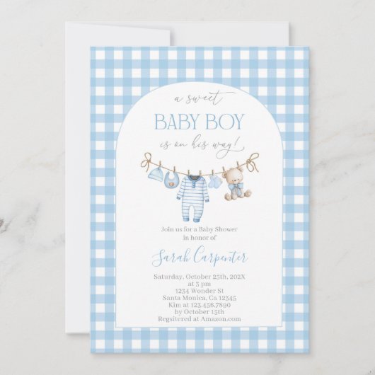 Boy Bear Clothesline Baby Shower invitation Kaart (Voorkant)
