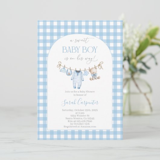 Boy Bear Clothesline Baby Shower invitation Kaart (Staand voorkant)