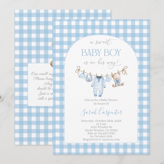 Boy Bear Clothesline Baby Shower invitation Kaart (Voorkant / Achterkant)