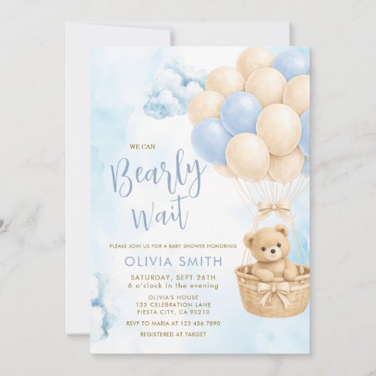 BOY Bear Cloud Balloon Baby Shower Invite Kaart (Voorkant)