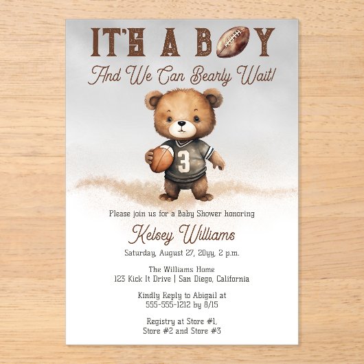Boy Bearly Wait Amerikaans Football Baby shower Acryl Uitnodigingen (Voorkant)