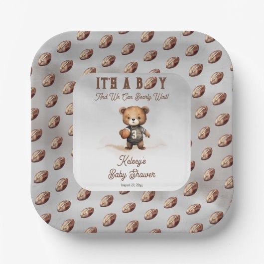 Boy Bearly Wait Amerikaans Football Baby shower Papieren Bordje (Voorkant)