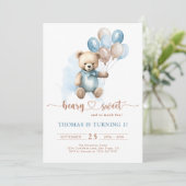 Boy Beary Sweet 1st Birthday Teddy Bear Blauw Brui Kaart (Staand voorkant)