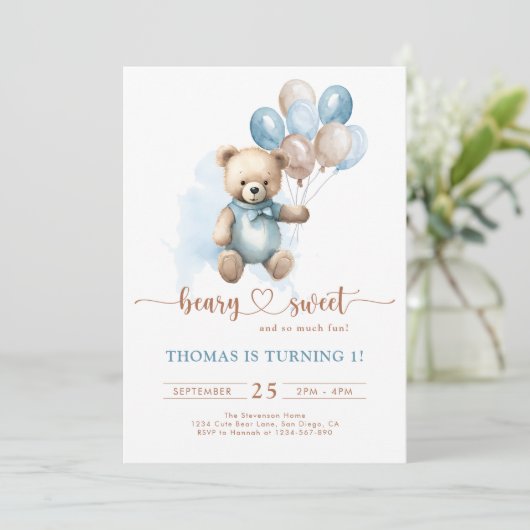 Boy Beary Sweet 1st Birthday Teddy Bear Blauw Brui Kaart (Staand voorkant)