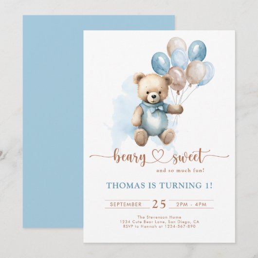 Boy Beary Sweet 1st Birthday Teddy Bear Blauw Brui Kaart (Voorkant / Achterkant)